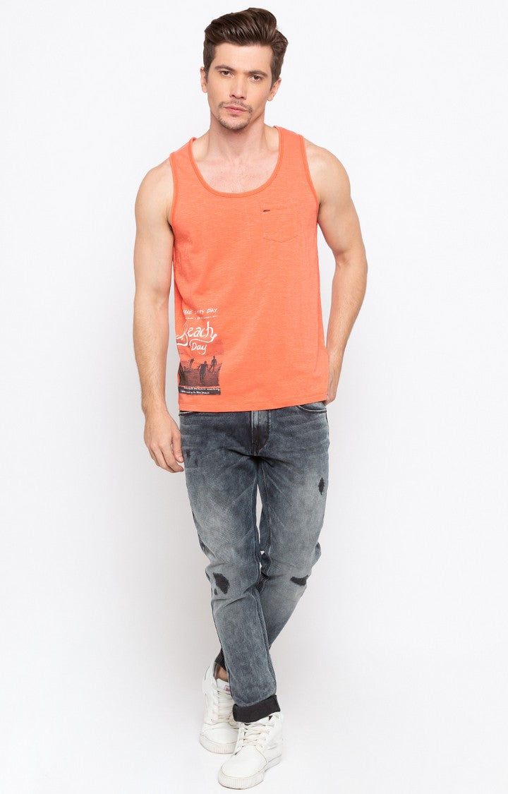 Spykar Orange Printed Slim Fit Men T-Shirts