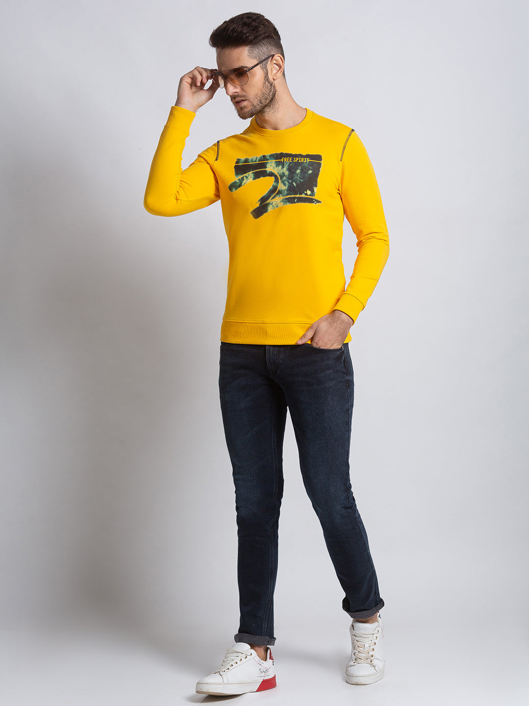 Spykar Chrome Yellow Cotton Slim Fit Sweatshirt For Men