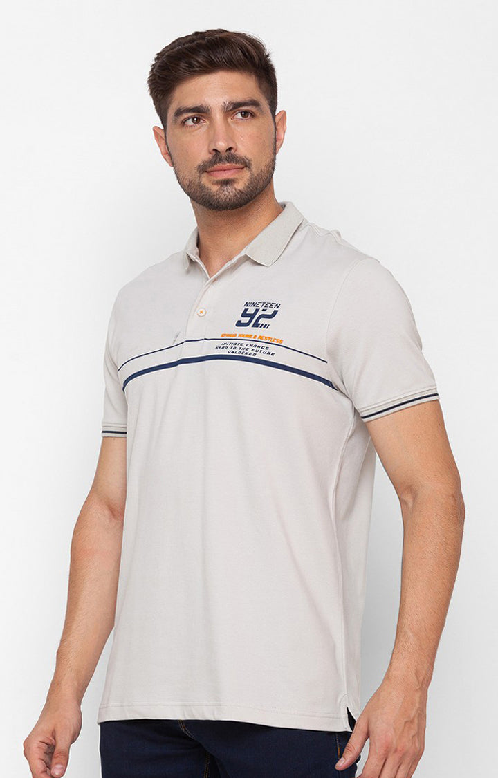 Spykar Silver Grey Cotton Half Sleeve Printed Casual Polo T-shirt For Men