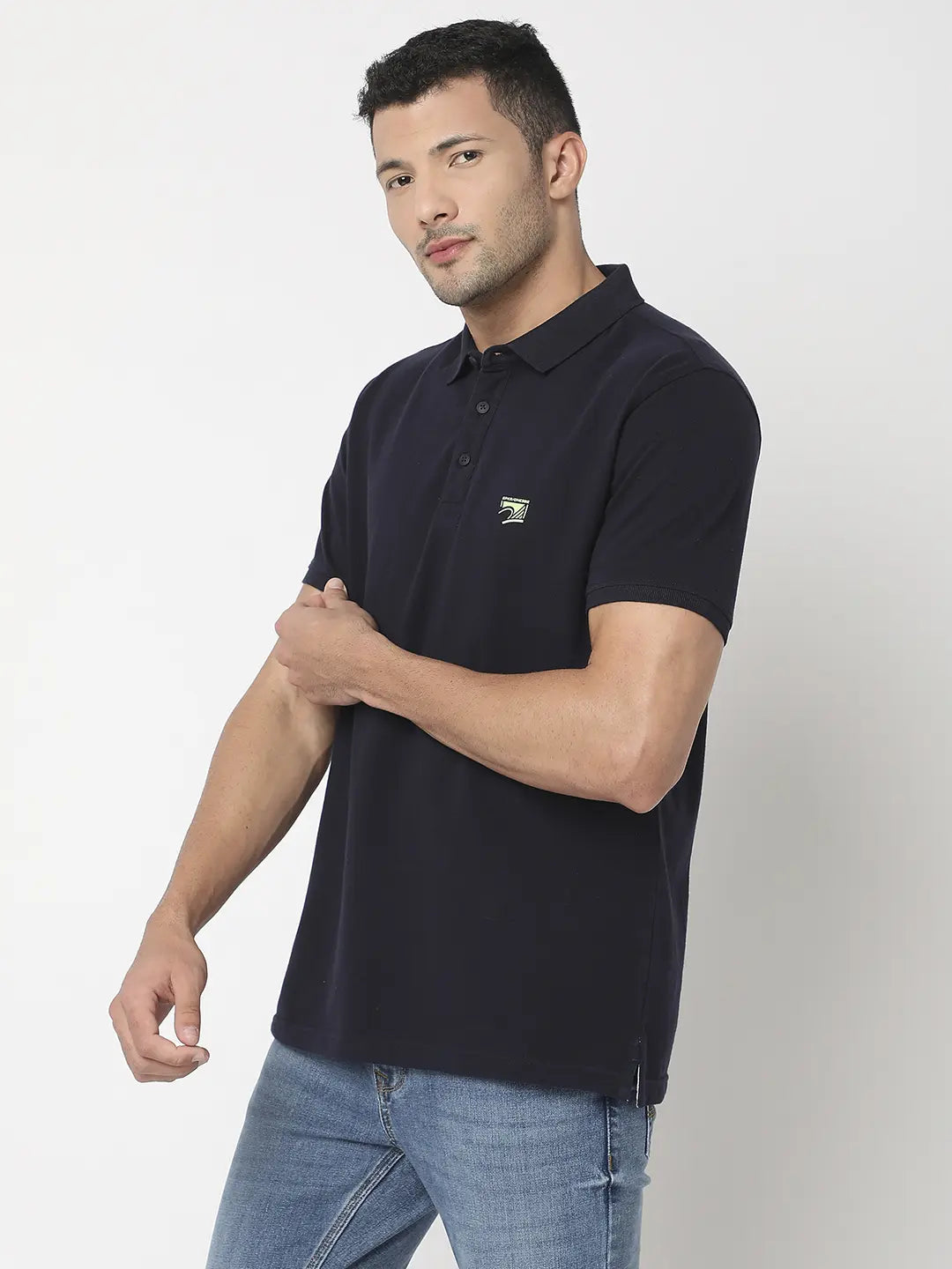 Spykar Men Navy Blue Cotton Regular Fit Plain Polo Tshirt