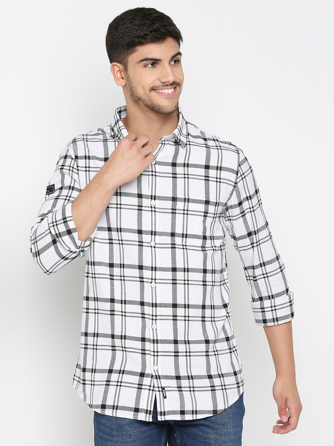 Spykar White Cotton Full Sleeve Checkered Shirt For Men