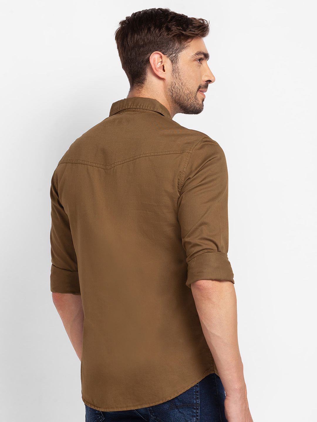 Spykar Olive Green Cotton Full Sleeve Plain Shirt For Men