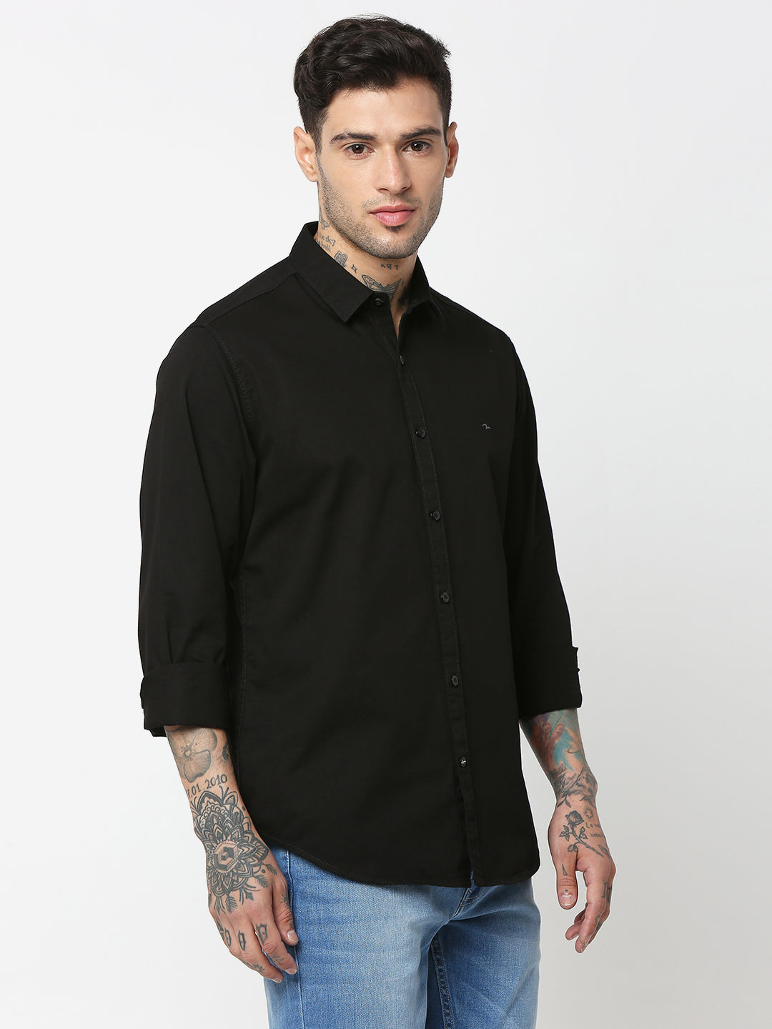 Spykar Men Black Cotton Slim Fit Plain Shirts