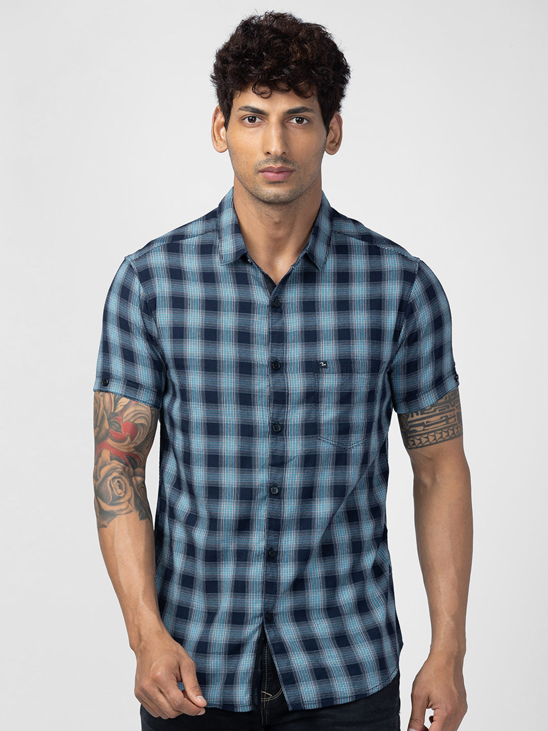 Spykar Men Navy Blue Cotton Slim Fit Checkered Shirt