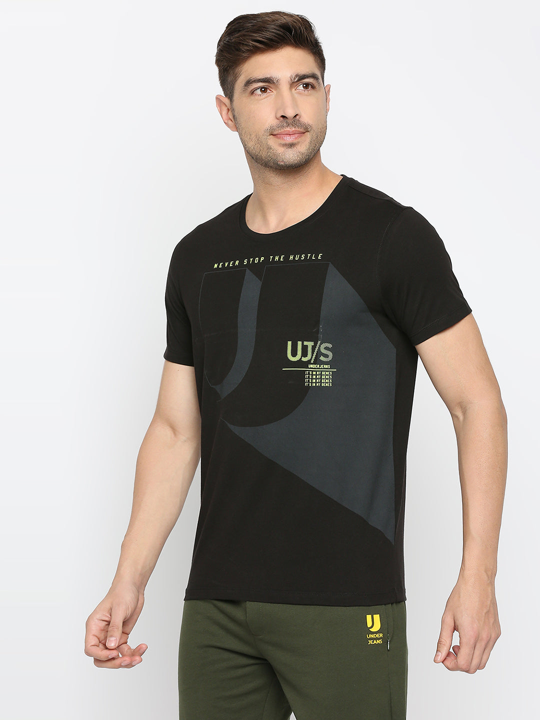 Men Premium Black Cotton Round Neck Printed Tshirt- Underjeans By Spykar