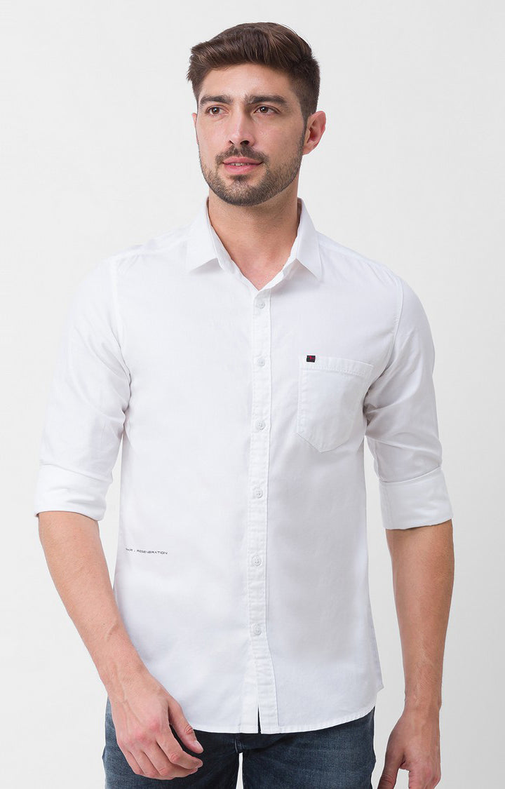 Spykar White Cotton Full Sleeve Plain Shirt For Men