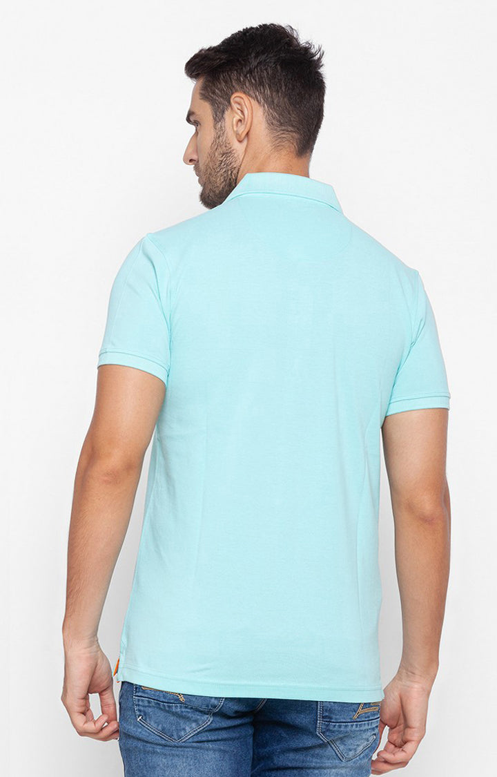 Spykar Men Aqua Blue Cotton Slim Fit Plain Polo Collar Tshirt