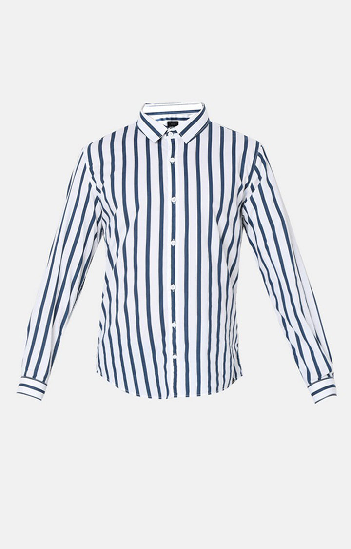 Spykar Slim Fit White & Blue Striped Full Sleeve Shirts For Men