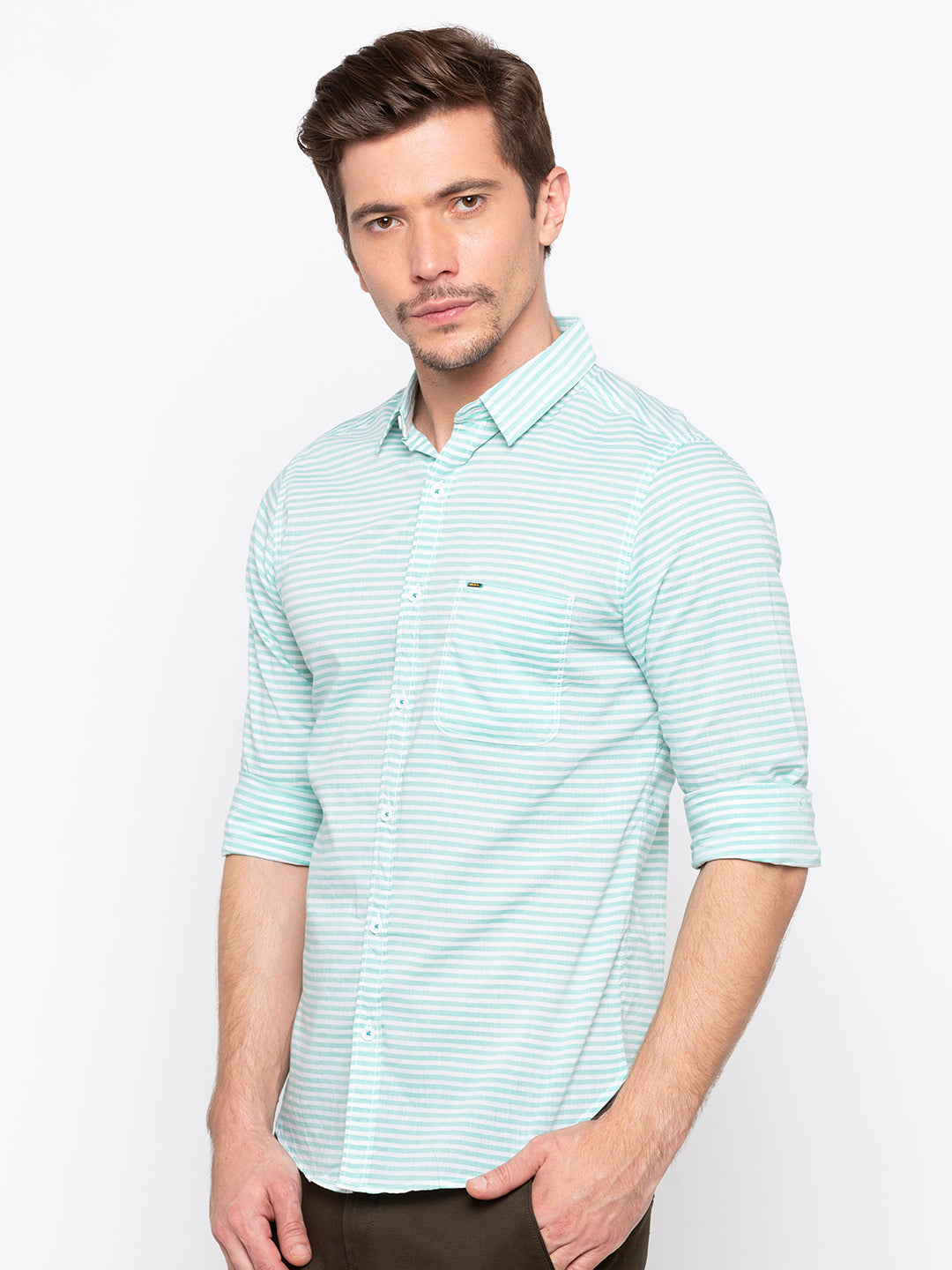 Spykar Men Mint Striped Slim Fit Casual Shirt