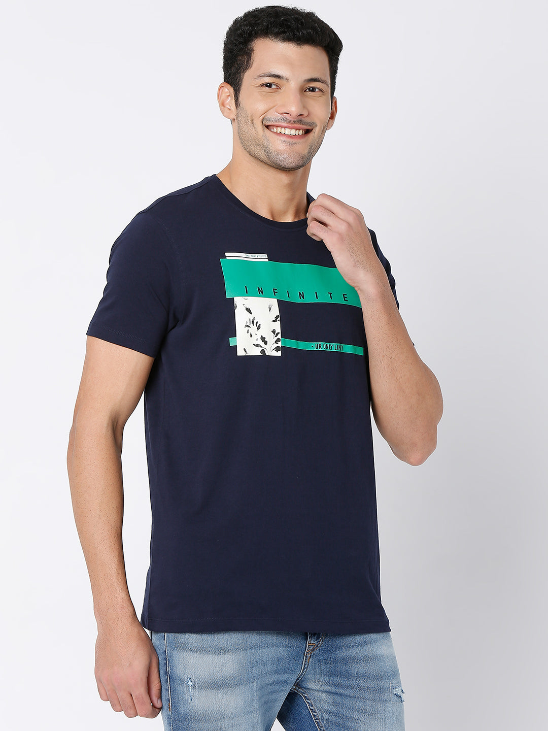 Spykar Navy Blue Cotton Half Sleeve Printed Casual T-Shirt For Men