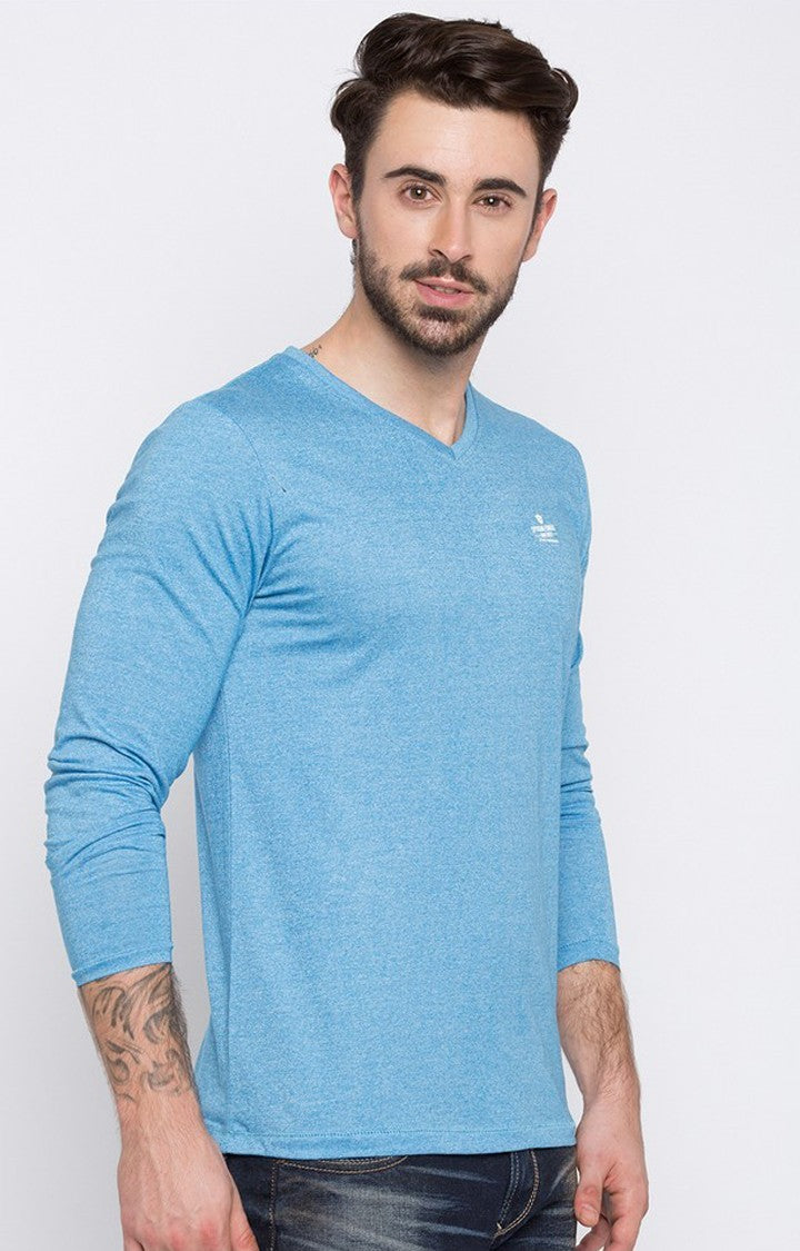 Spykar Blue Melange Slim Fit Men T-Shirts