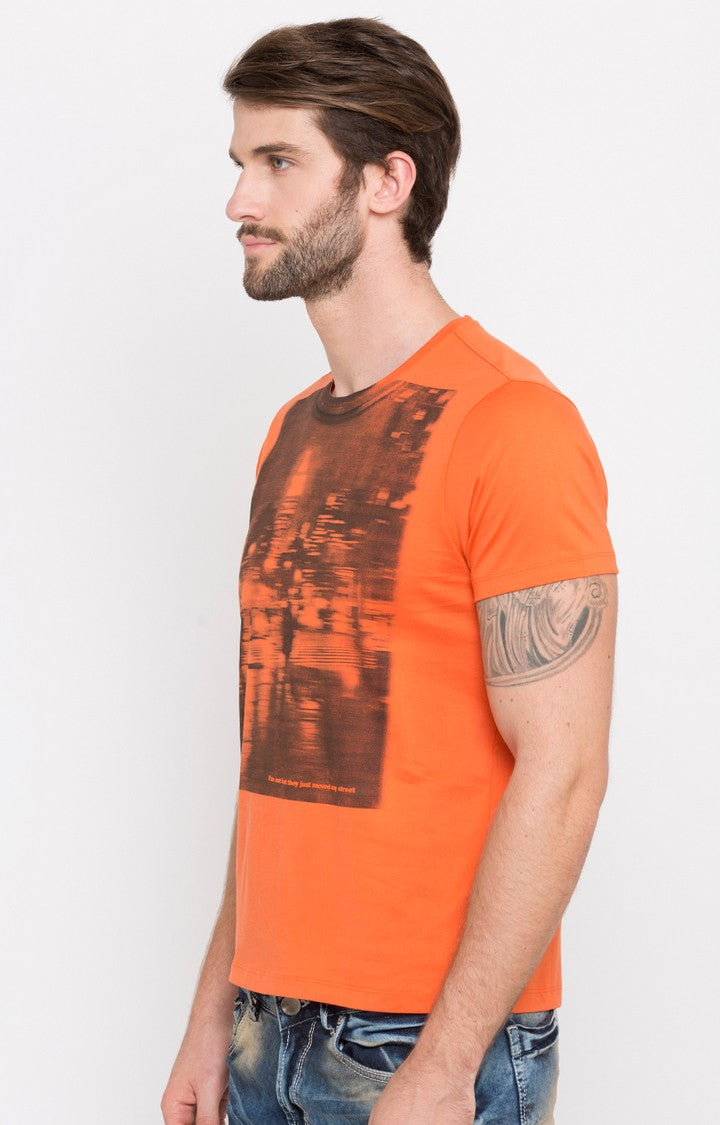 Spykar Orange Printed Slim Fit Men T-Shirts