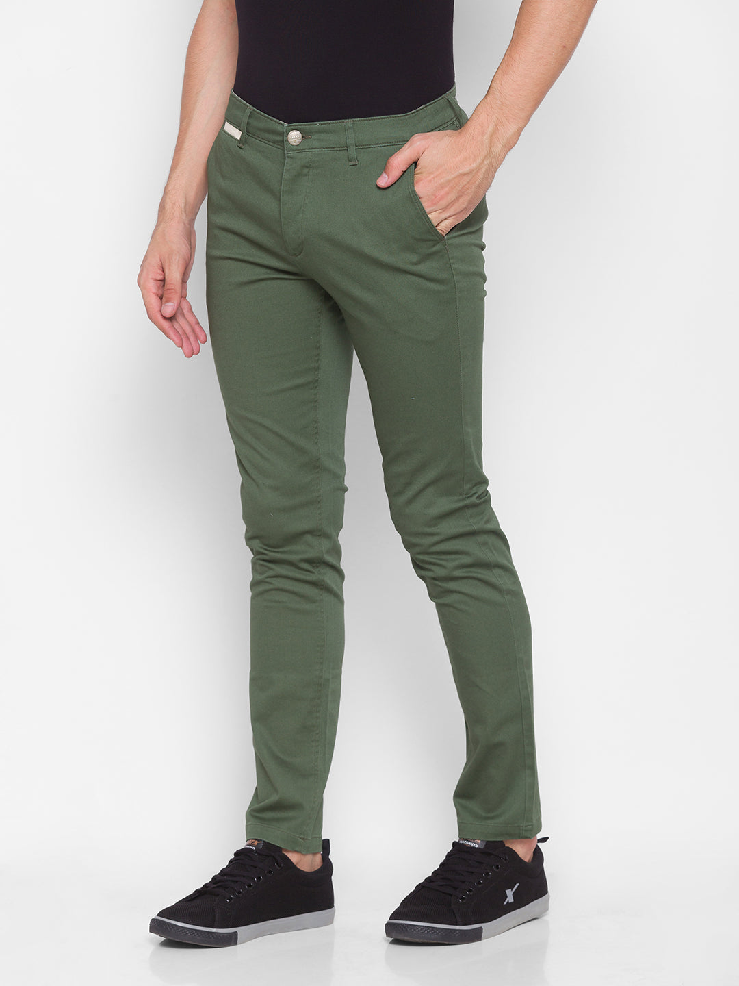 Spykar Men Green Cotton Slim Fit Casual Trousers