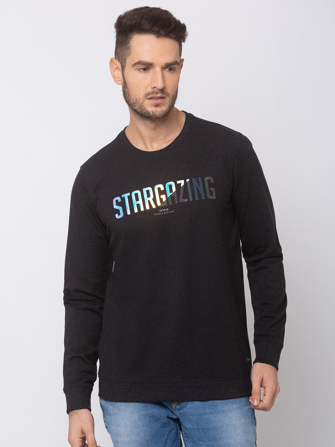 Spykar Black Blended Slim Fit Sweatshirt For Men