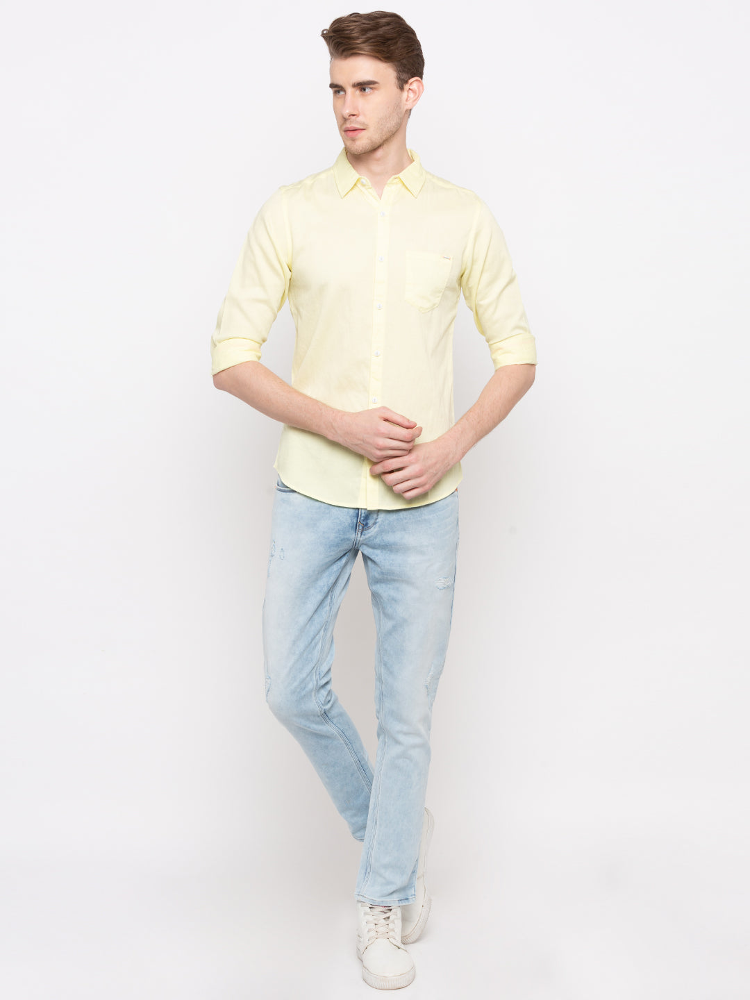 Spykar Yellow Cotton Slim Fit Shirts For Men