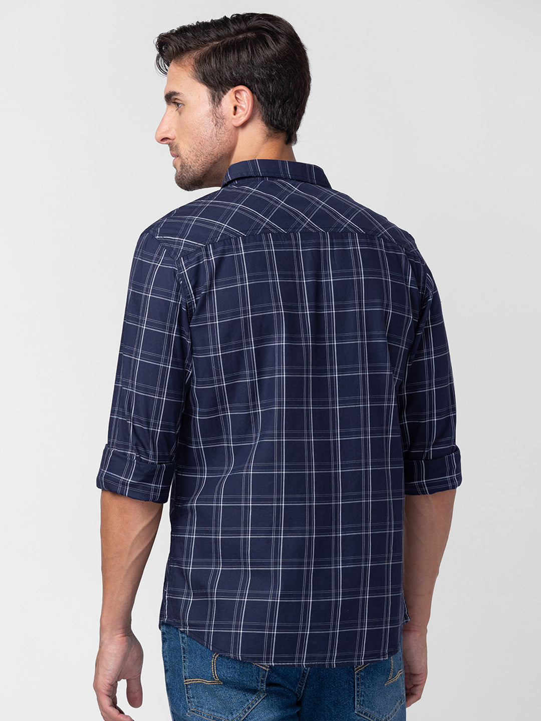 Spykar Men Navy Blue Cotton Regular Fit Checkered Shirts