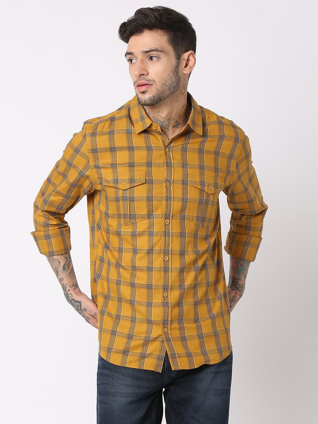 Spykar Men Golden Khaki Cotton Regular Fit Checkered Shirts