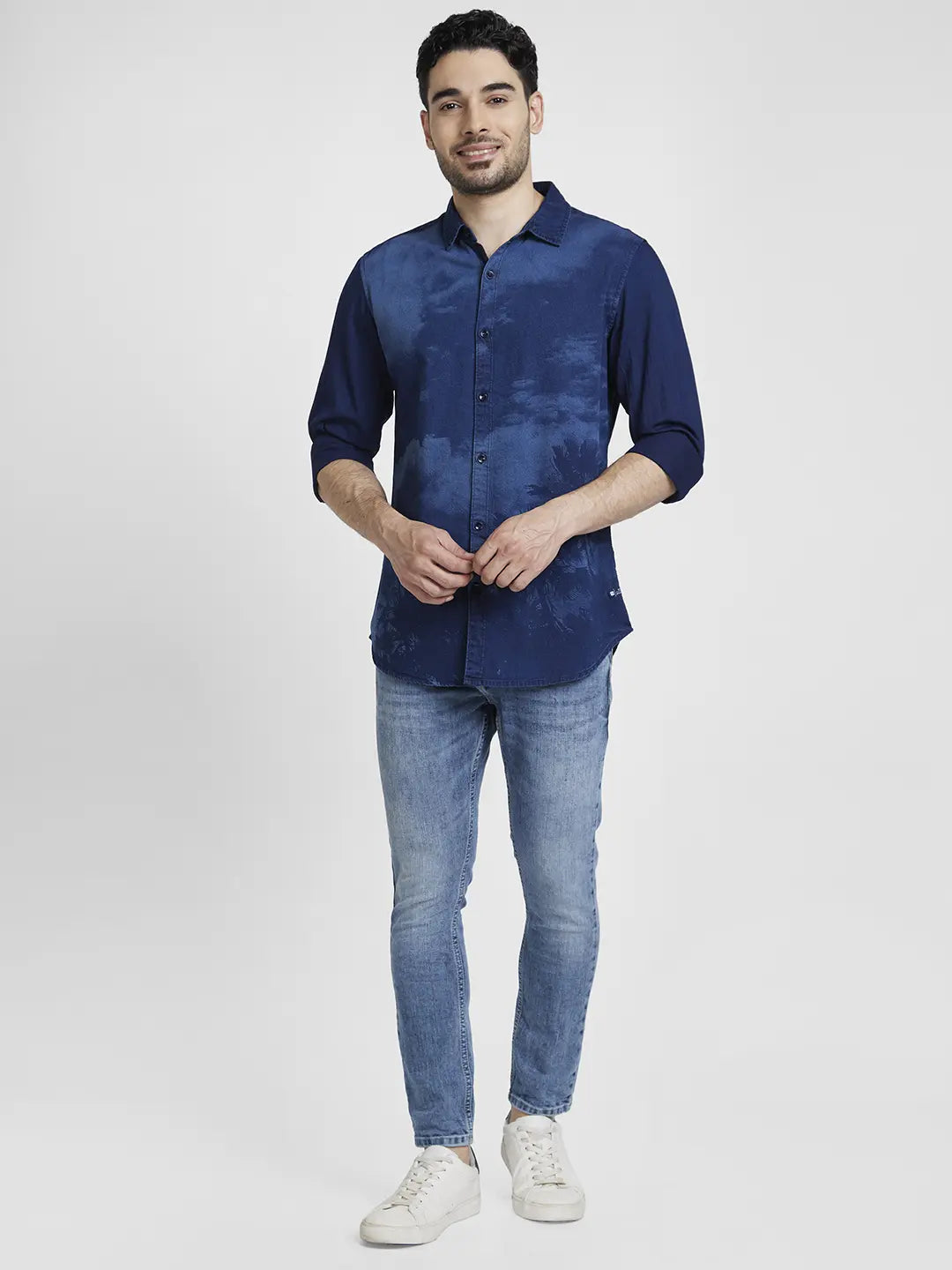 Spykar Men Mid Blue Cotton Slim Fit Tapered Length Highly Distressed Mid Rise Jeans - (Kano)