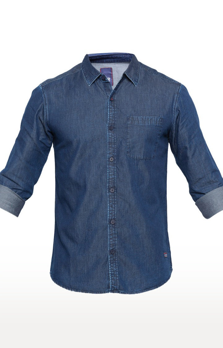 Spykar Men'S Blue Cotton Solid Casual Shirts