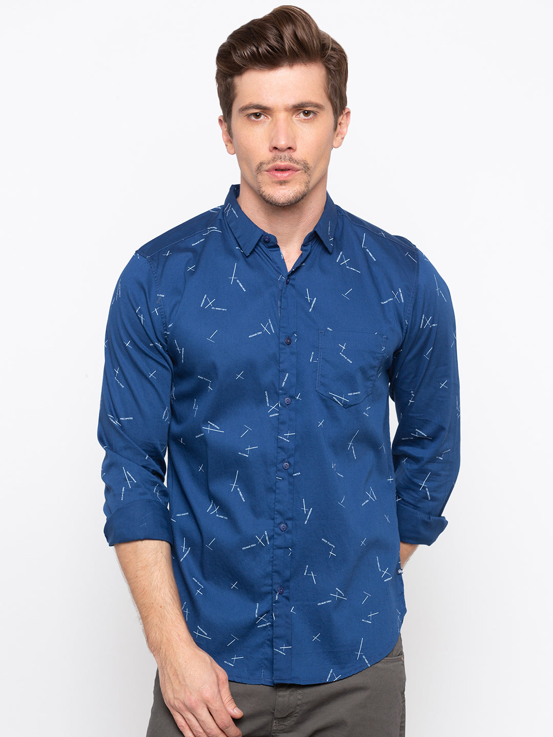 Spykar Men Blue Printed Slim Fit Casual Shirt