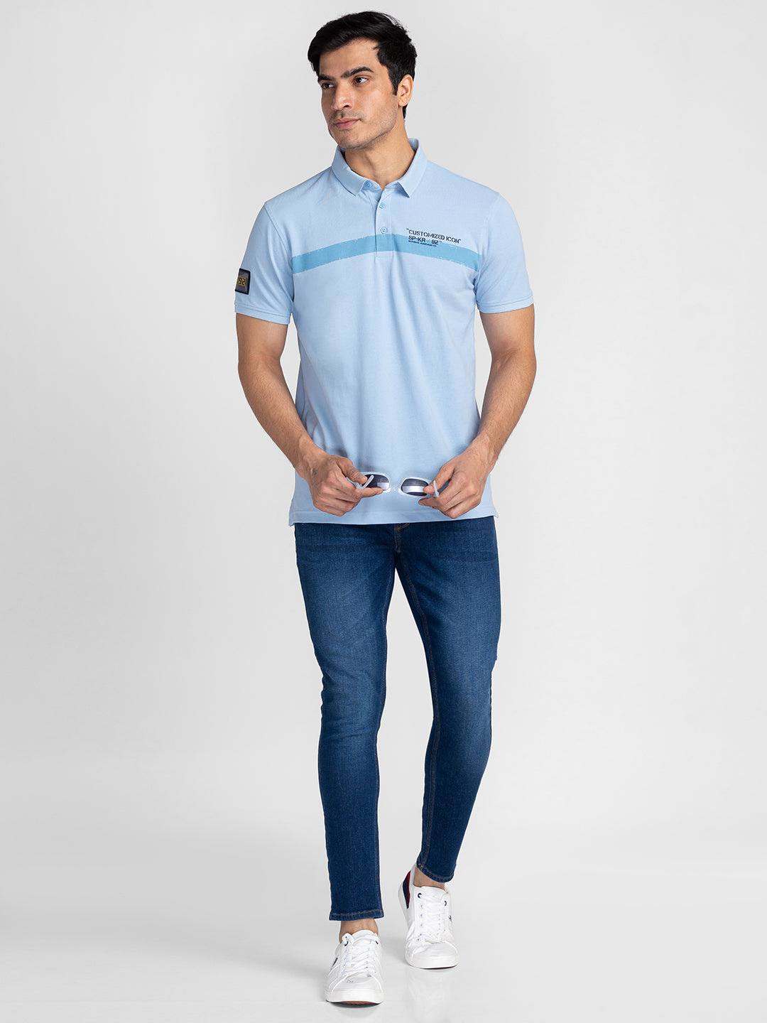 Spykar Men Sky Blue Cotton Slim Fit Polo Printed T-Shirt