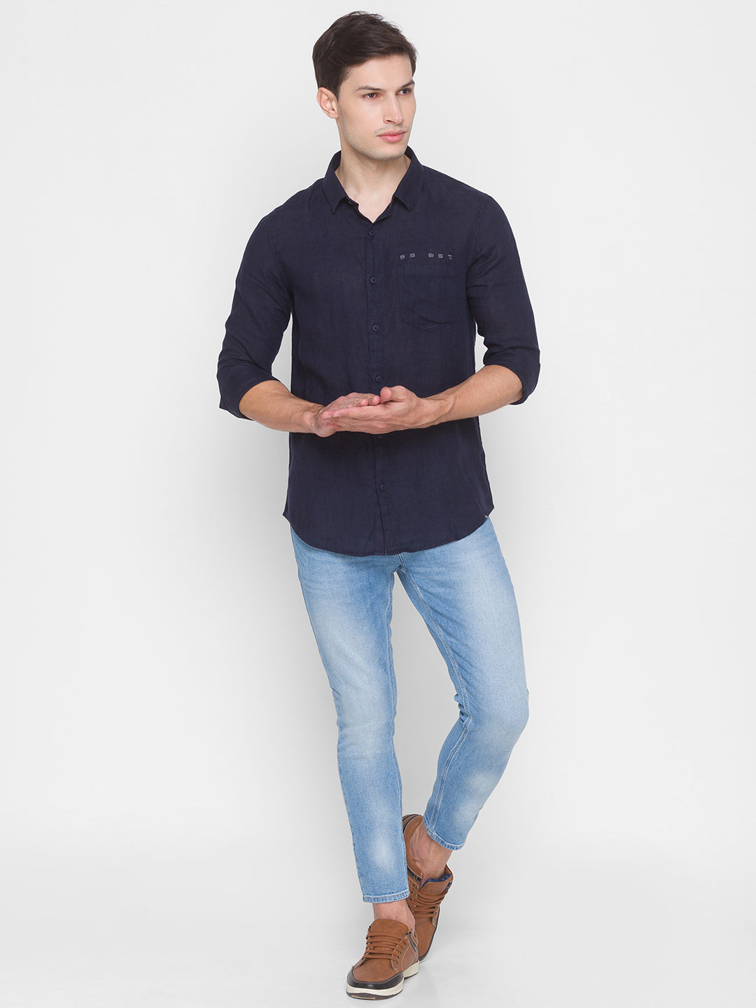 Spykar Slim Fit Blue Cotton Men Shirt