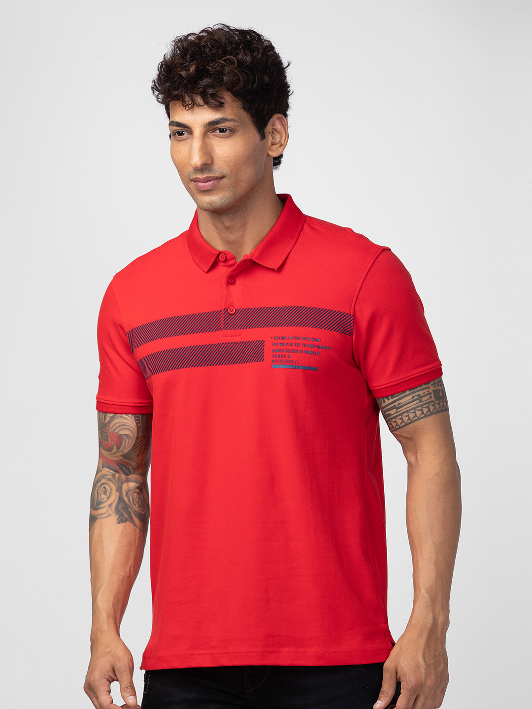 Spykar Men Deep Red Cotton Regular Fit Half Sleeve Printed Polo T-Shirt