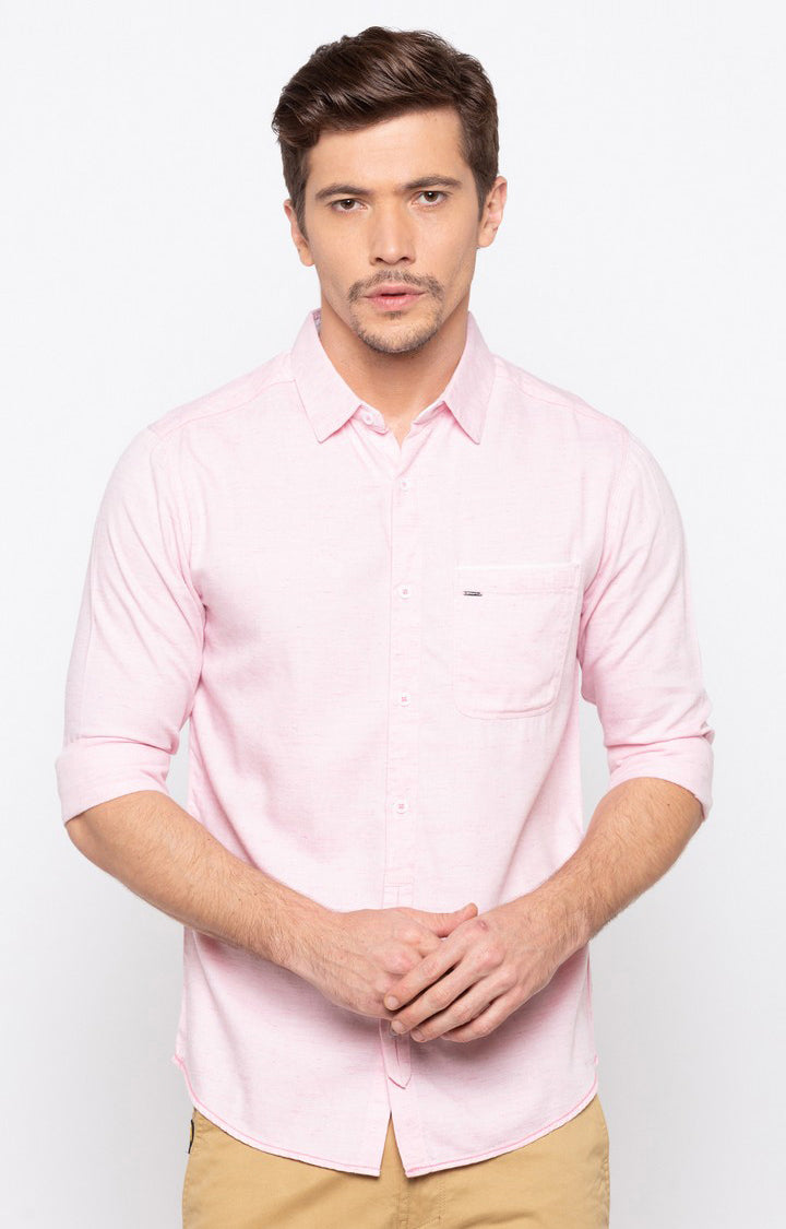 Spykar Men'S Pink Cotton Melange Casual Shirts