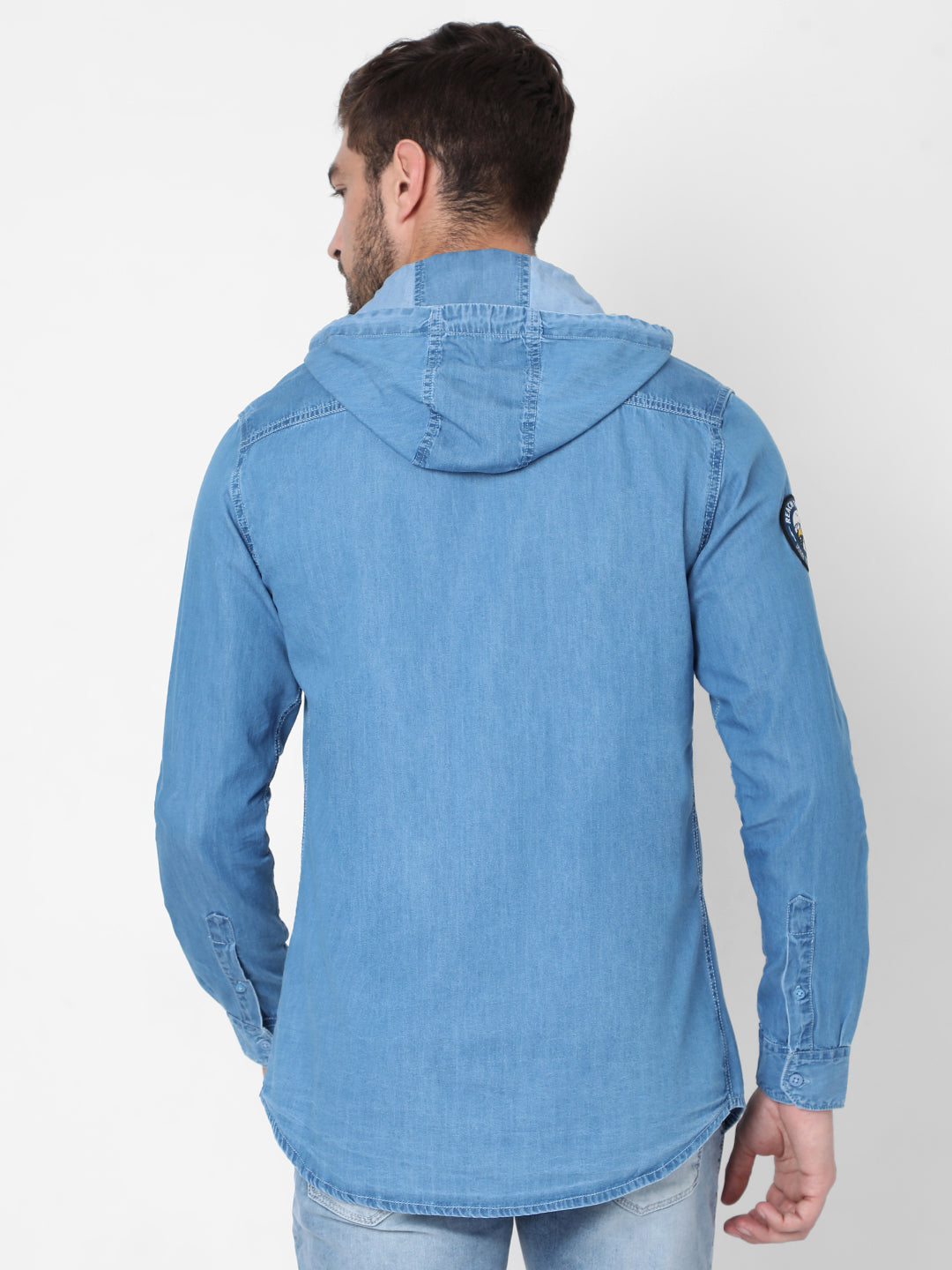 Spykar Blue Cotton Slim Fit Hooded Shirts For Men