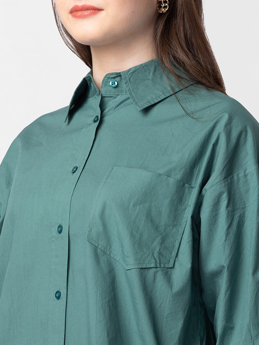 Spykar Women Deep Green Cotton Regular Fit Plain Asymmetric Shirt