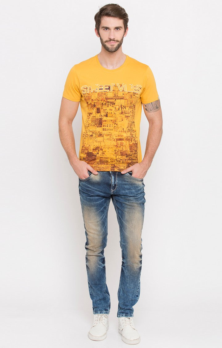 Spykar Yellow Printed Slim Fit Men T-Shirts