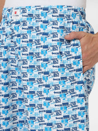 Men Premium White & Dark Blue Cotton Printed Pyjama - Underjeans By Spykar