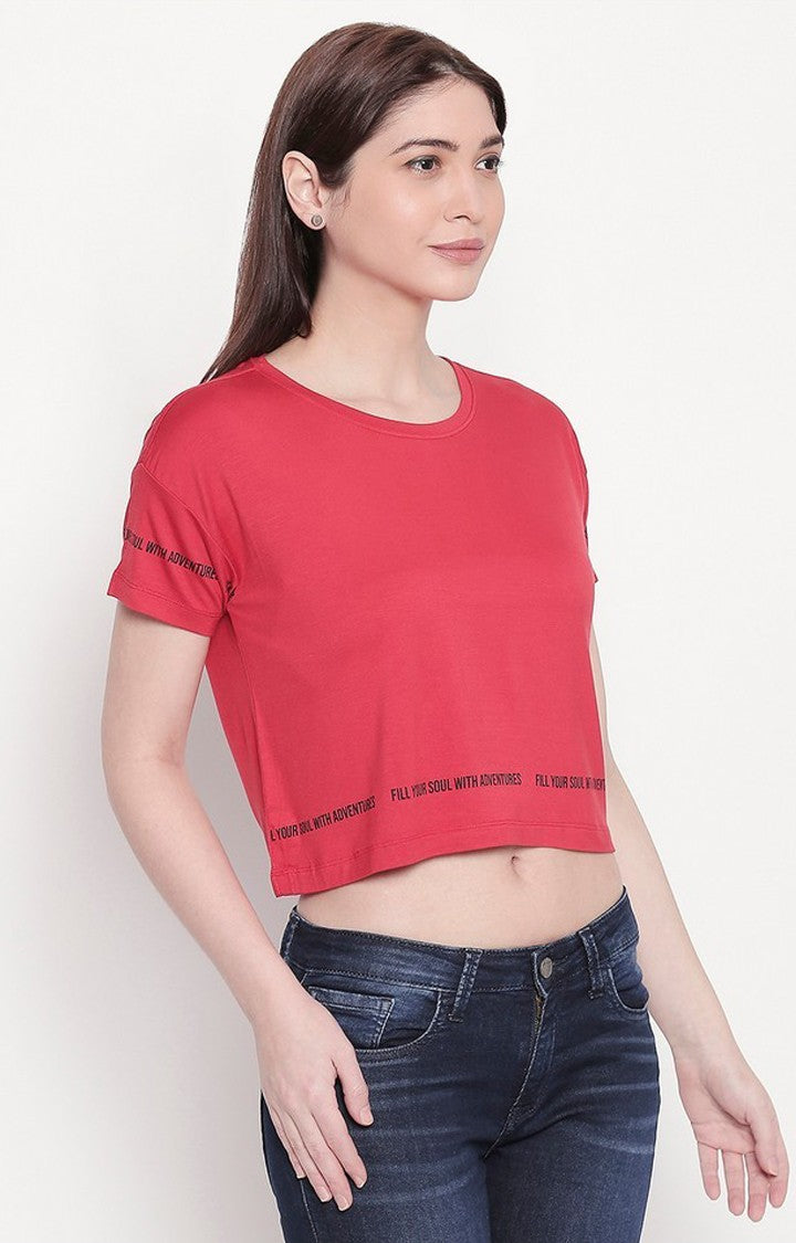 Spykar Women Red Viscose Slim Fit Round Neck Crop T-Shirt