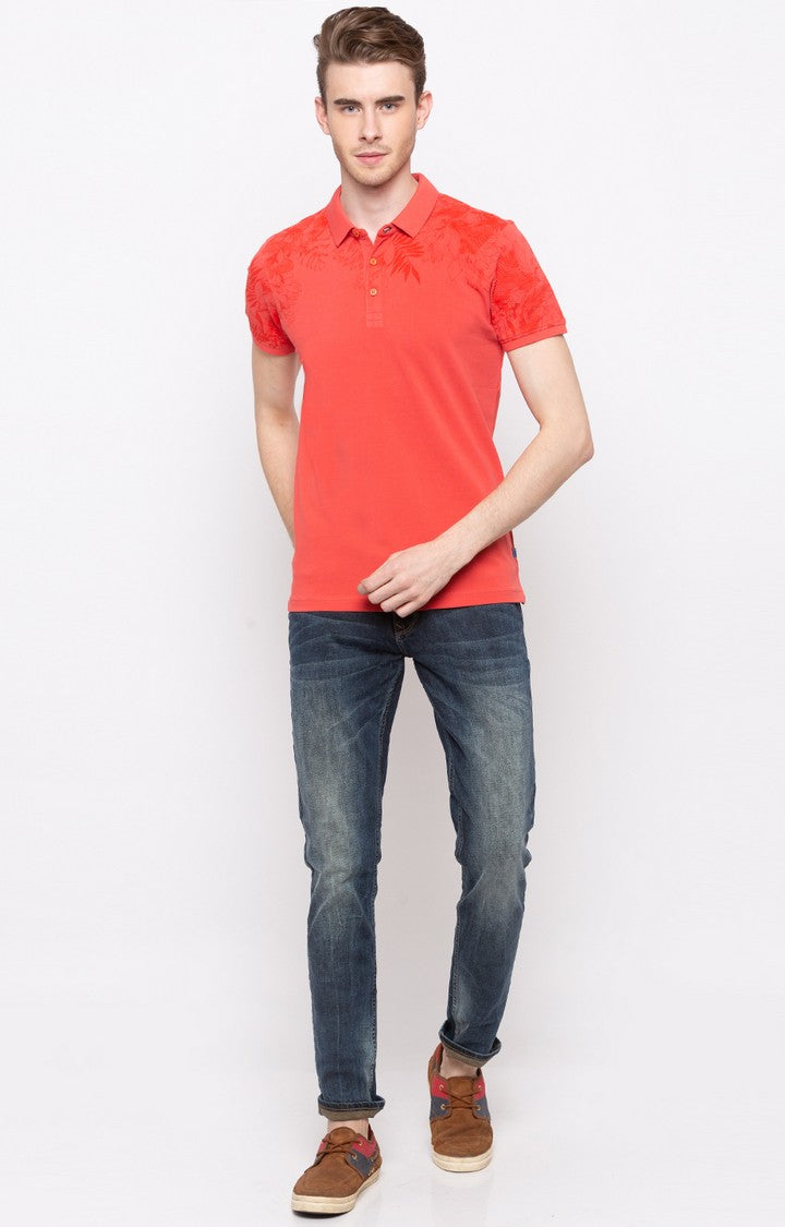 Spykar Pestle Orange Printed Slim Polo Fit T-Shirt