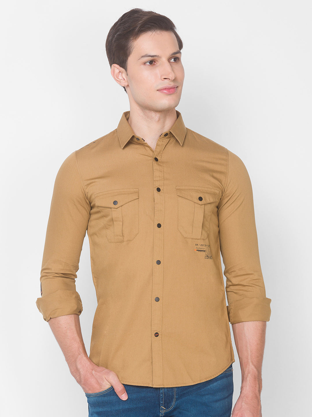 Spykar Slim Fit Yellow Cotton Men Shirt