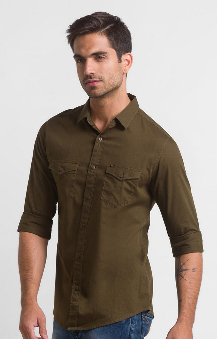 Spykar Military Green Cotton Full Sleeve Plain Shirt For Men