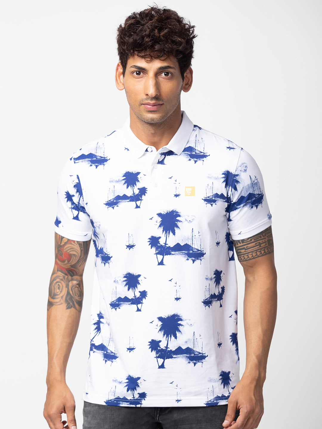 Spykar Men White Cotton Regular Fit Half Sleeve Printed Polo T-Shirt