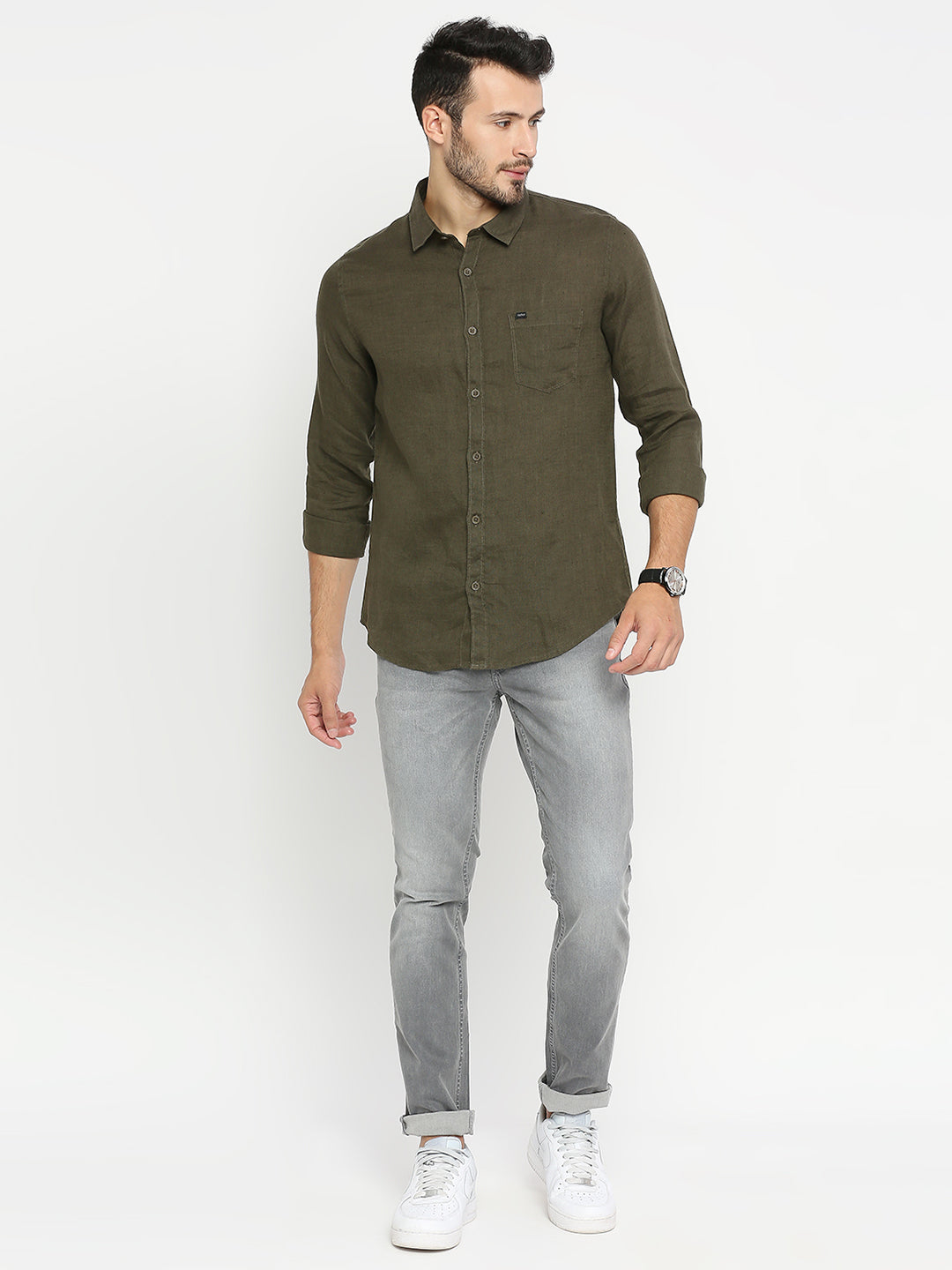 Spykar Men Olive Green Cotton Full Sleeve Plain Shirt