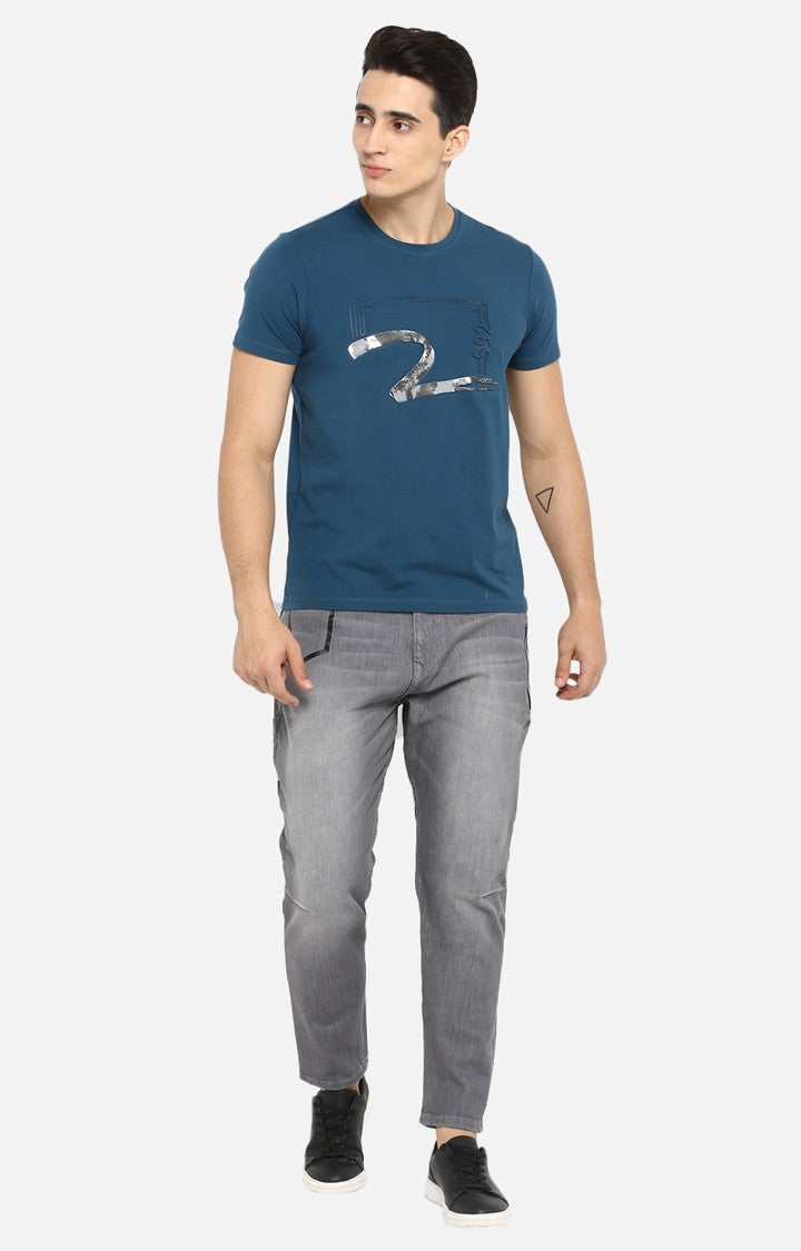 Spykar Teal Printed Slim Fit Men T-Shirts