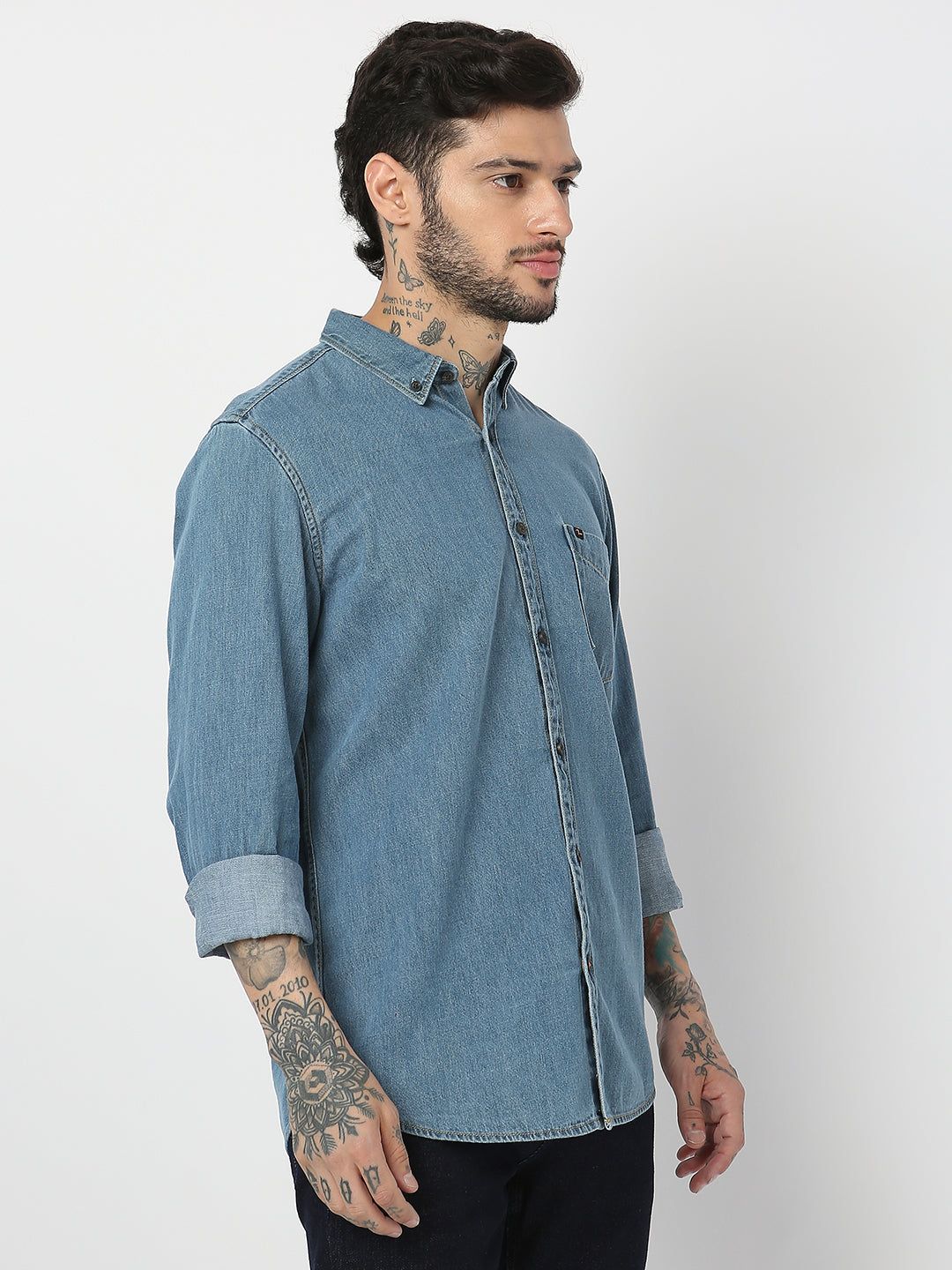 Spykar Men Mid Blue Cotton Slim Fit Denim Shirts