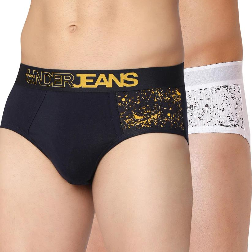 Men Premium Navy & White Cotton Blend Brief (Pack Of 2)- Underjeans By Spykar