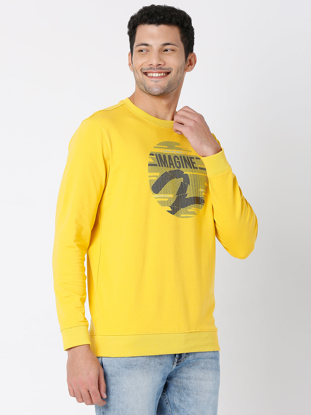 Spykar Men Mustard Cotton Full Sleeve Round Neck Sweatshirt