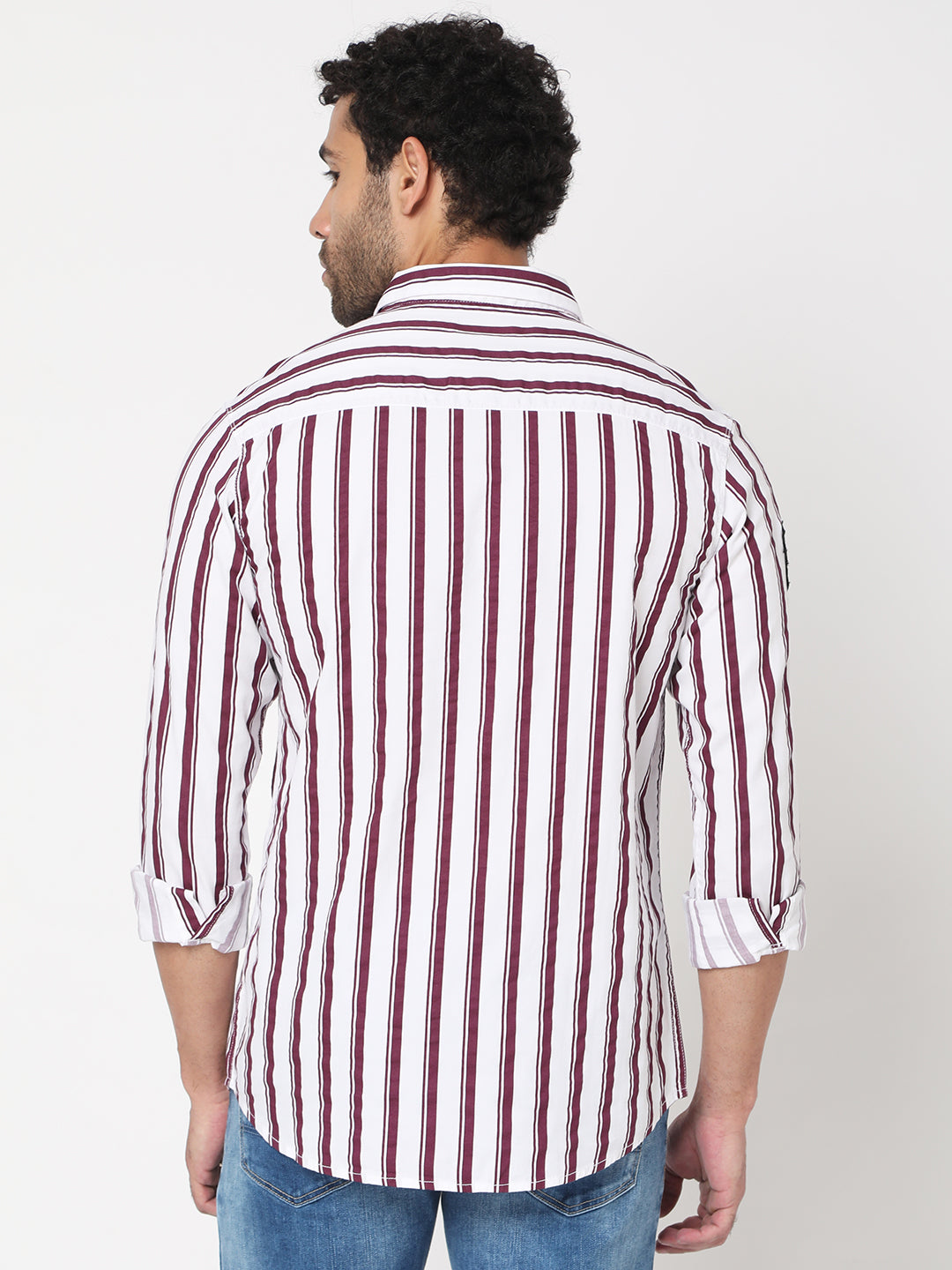 Spykar Men Plum Red Cotton Slim Fit Full Sleeve Striped Shirt