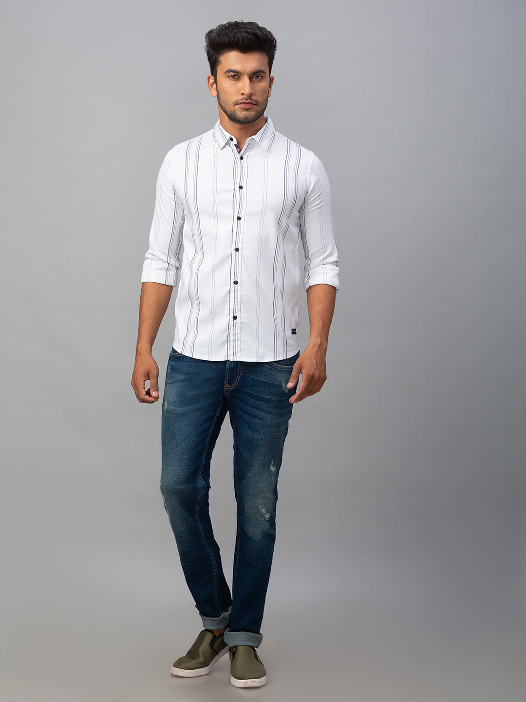 Spykar Men White Cotton Slim Fit Shirt