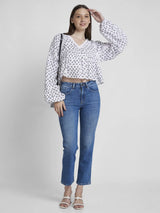 Spykar Women White Cotton Slim Fit Full Sleeve V-Neck Printed Crop Top