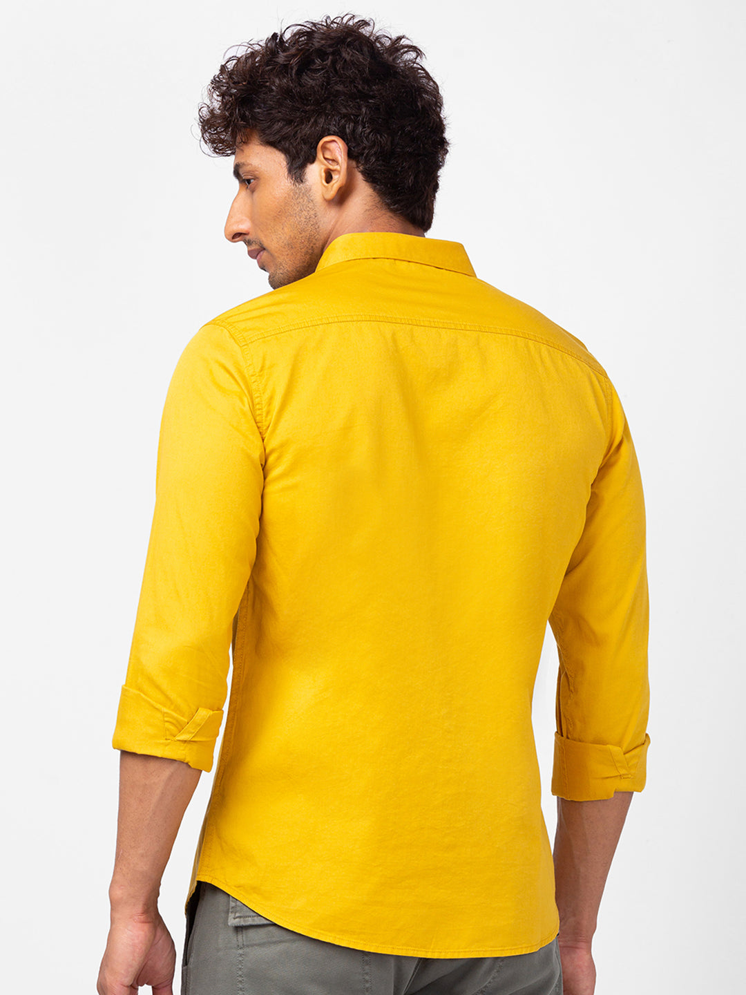 Spykar Men Mustard Yellow Cotton Slim Fit Plain Shirts