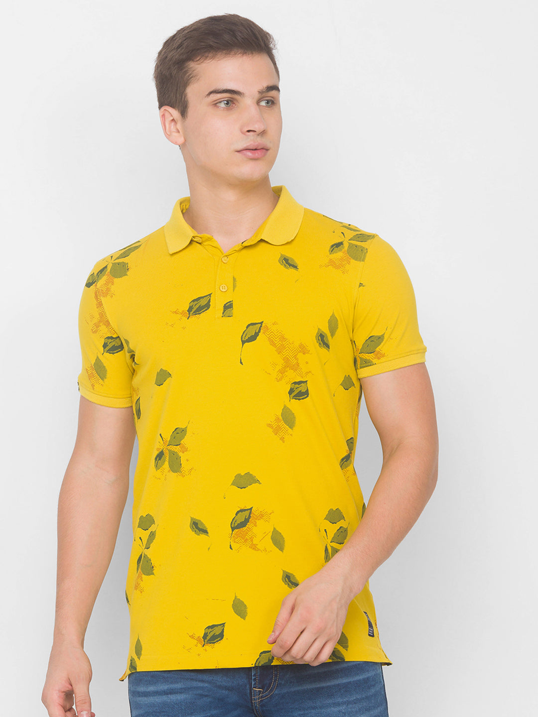 Spykar Men Yellow Cotton Slim Fit Polo T-Shirt