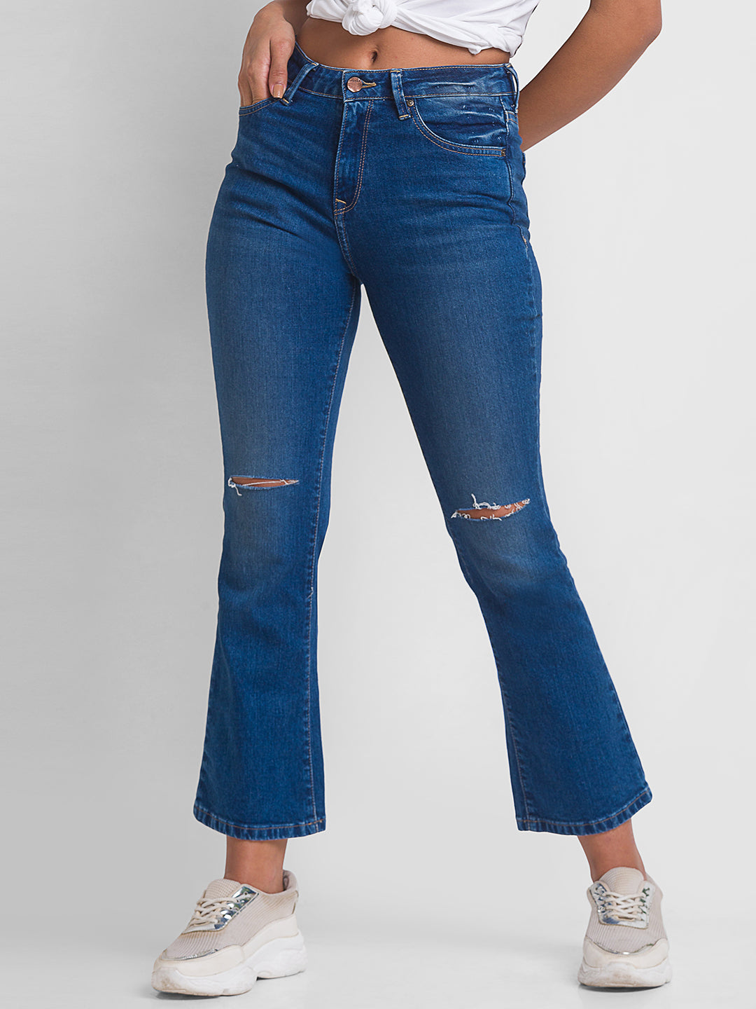 Spykar Dark Blue Lycra Flare Fit Ankle Length Jeans For Women (Elissa)