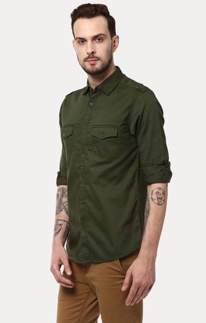 Spykar Men'S Green Cotton Solid Casual Shirts