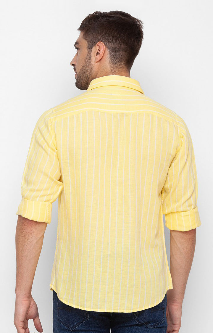 Spykar Butter Yellow Cotton Full Sleeve Stripes Shirt For Men